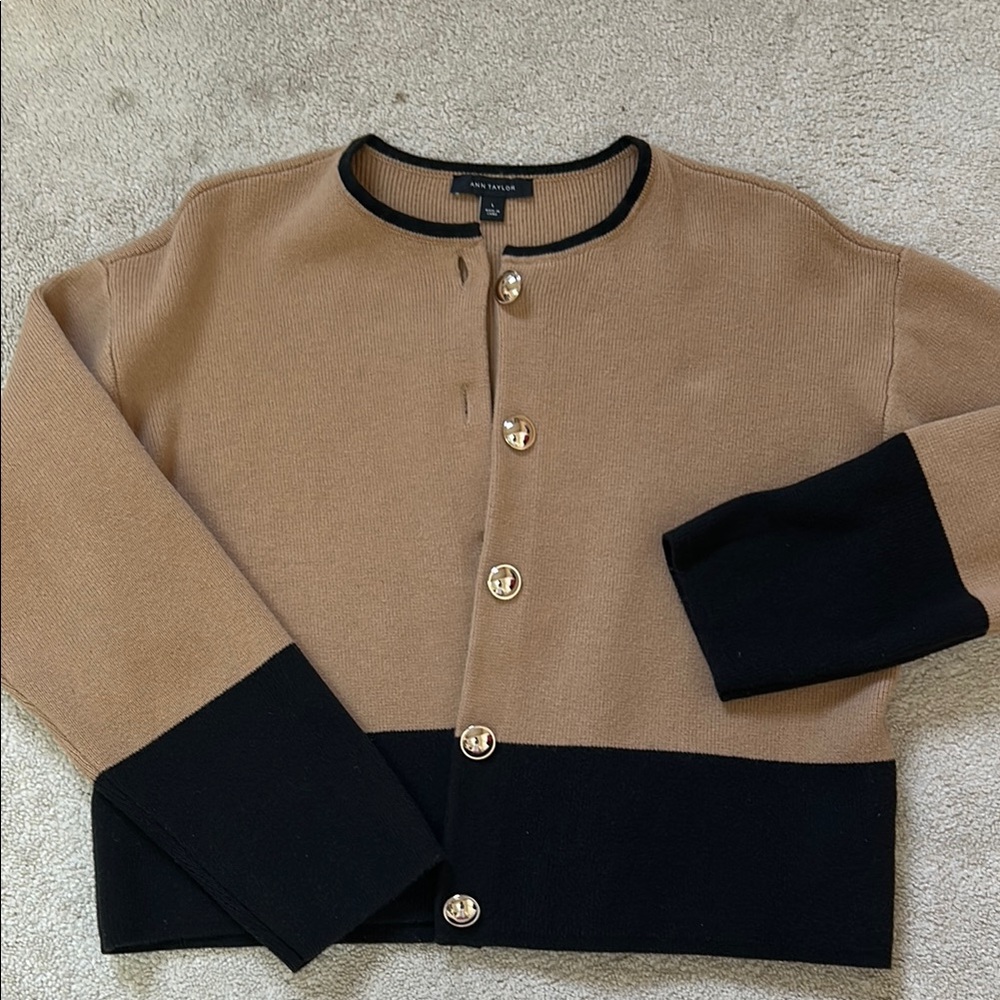 Ann Taylor Tan and Black Button-Up Cardigan